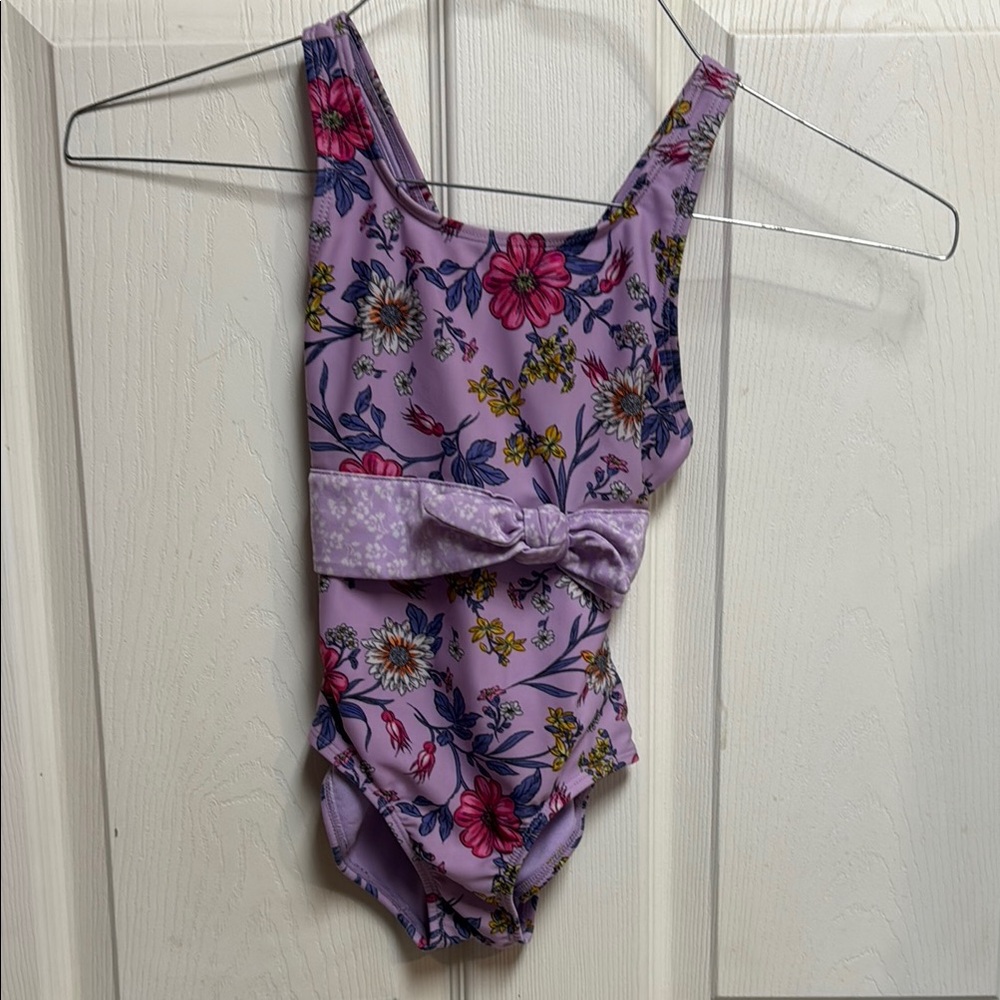 Floral Purple One-Piece Swimsuit with Bow